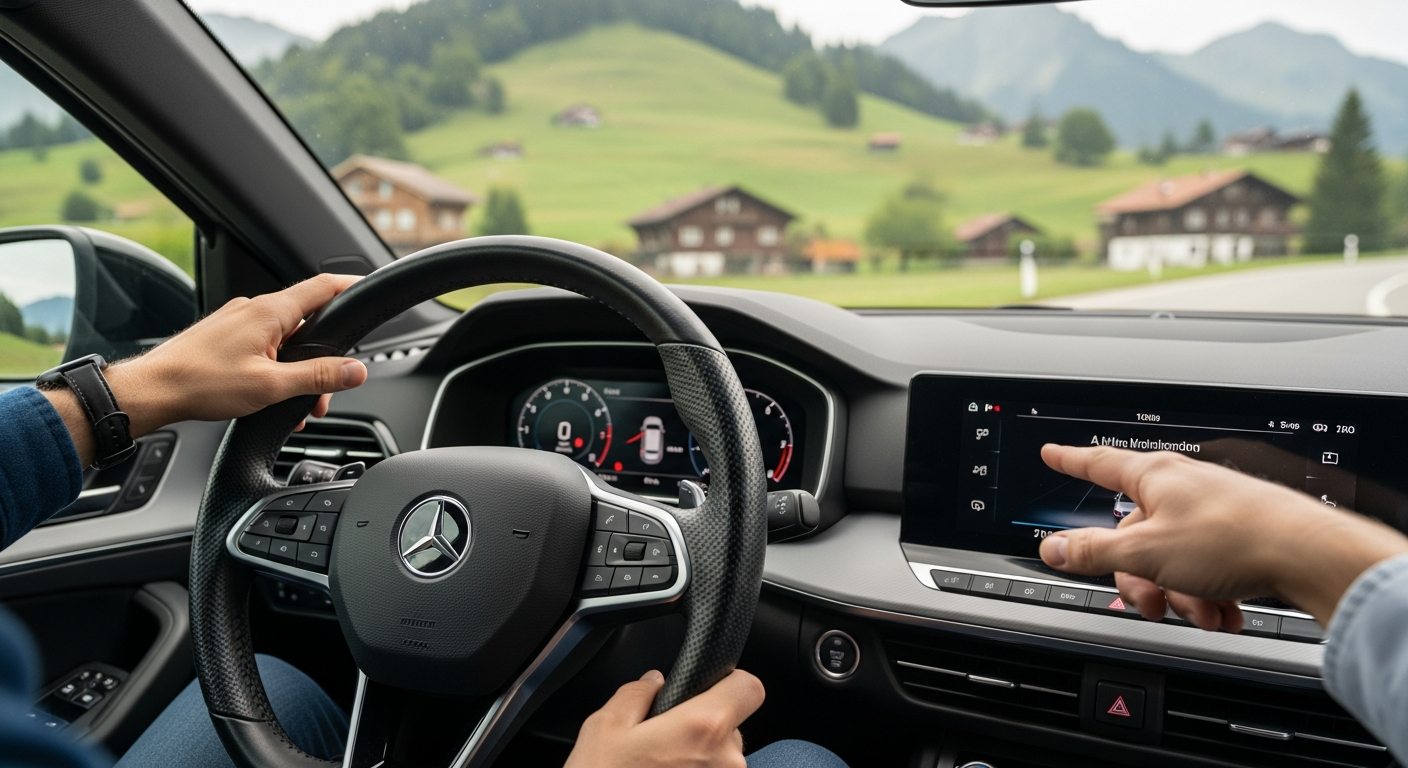 Lenkrad und Armaturenbrett waehrend der Fahrstunde